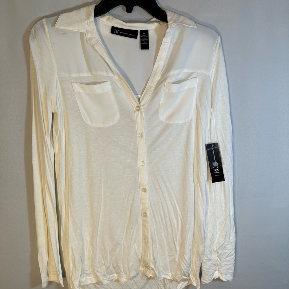 INC International Concepts Womens Size XS Roll Up Tap Long Sleeve Blouse Shirt